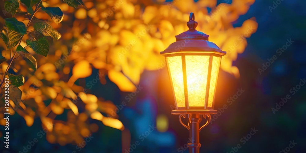 Poster lamp post with a yellow light shining on it