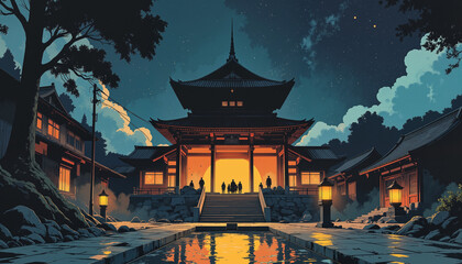 Obraz premium Serene night scene of illuminated temple under starry sky, tranquility