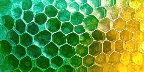 Green and yellow background with a pattern of hexagons