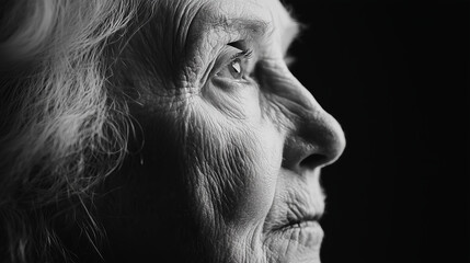 Obraz premium black and white close up portrait of elderly woman with deep wrinkles, gazing thoughtfully into distance, highlighting texture of her skin and wisdom in her eyes