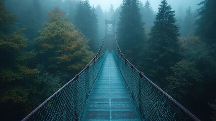 Misty forest, suspension bridge, pathway ahead.