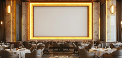 Sophisticated dining space highlighted by light-framed blank mockup wall.