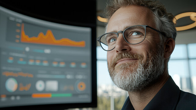 Digital marketer analyzing social media engagement metrics with smile - Powered by Adobe