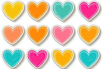 Vibrant heart-shaped stickers designed for artists, crafters, and decorators, ideal for enhancing cards, scrapbook pages, and various festive projects