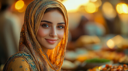 Muslim Woman in patterned headscarf smiling warmly, golden evening light, blurred festive setting, soft and vibrant tones
