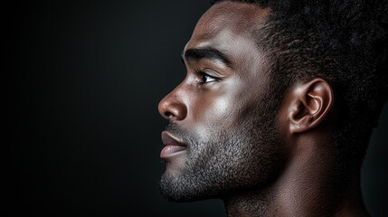 Obraz premium creative studio portrait of man in profile, showcasing thoughtful expression against dark background. lighting highlights texture of his skin and contours of his face
