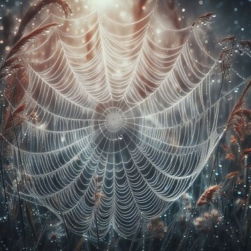 Spiderweb Covered in Dew in a Meadow A delicate spiderweb covere