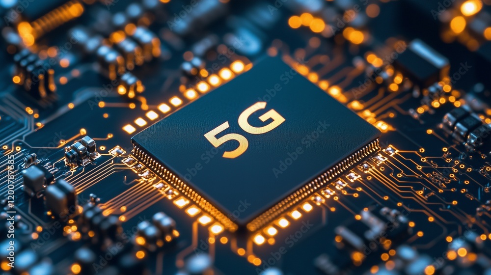 Poster advanced technology: 5g chip on a circuit board surrounded by illuminated data pathways