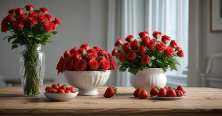 A vase with red roses and a bowl of strawberries on a table, arrangement, centerpiece, fruit