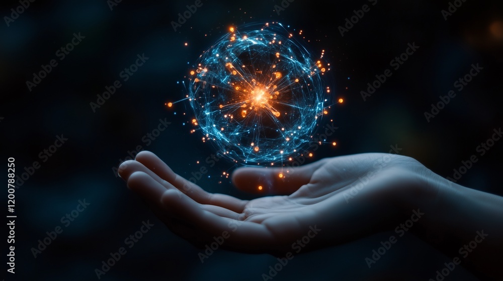 Poster exploring quantum energy: atom particle hologram in hand with a deep blue experimental backdrop