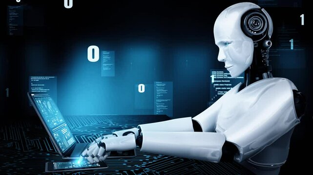 Futuristic robot artificial intelligence huminoid AI programming coding technology development and machine learning concept. Robotic bionic science research for future of human life. 3D rendering.