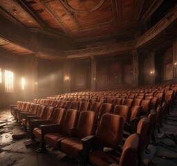 A warm glow emanates from the interior of an old, abandoned theater with broken seats , theater, glow, warm