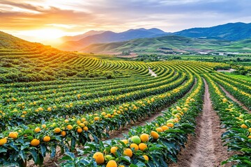 Golden Orchard Sunset Vista Rows of Fruit Trees Mountain Landscape