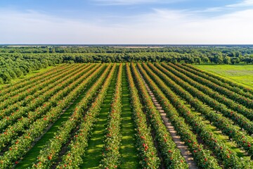 Serene Orchard Rows Lush Green Trees Red Fruit Summer Day