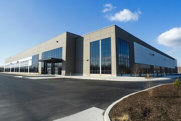 Modern warehouse exterior, sunny day, landscaping, industrial park
