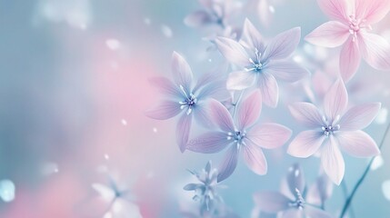 Pastel Dream: Delicate blush and pale blue flowers, soft focus and dreamy bokeh background, evoke a sense of serenity and tranquility.