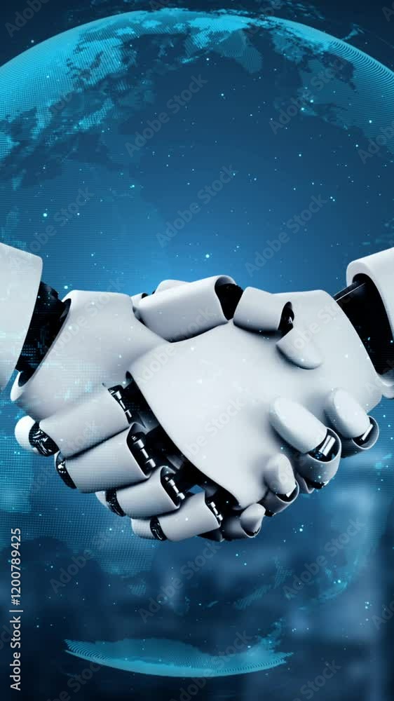 Poster 3d rendering hominoid robot handshake to collaborate future technology development by ai thinking br