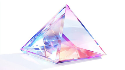 A levitating triangular prism, semi-transparent surface with glowing holographic lines, vibrant shades of magenta and blue