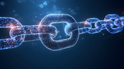 Glowing metallic chain links forming digital bond. Suitable for tech concepts, security themes, and connected design visuals.