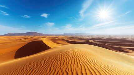Expansive Desert Landscape Under a Cloudless Blue Sky with Radiant Sunlight