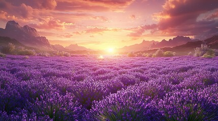 Obraz premium Sunset Lavender Field in Mountains