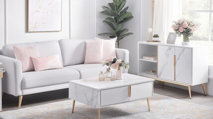 Elegant Living Room with White Marble Furniture