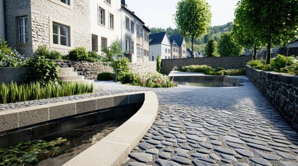 Obraz premium Cobblestone path and water feature in village