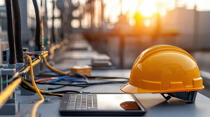 Fototapeta premium construction helmet and laptop on worksite at sunset, symbolizing safety and technology