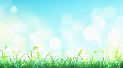 Obraz premium Spring Awakening: Fresh green grass sprouts against a vibrant, bokeh-filled sky, signifying renewal, growth, and the promise of spring.