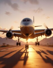 Fototapeta premium Airplane in the golden hour with warm tones and soft lighting, golden hour, aircraft, warm tones