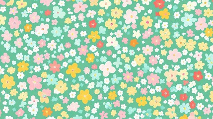 Seamless Pattern of Colorful Flowers on Mint Green Background