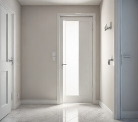 Ajar white door in the bright bathroom with a small amount of light streaming through , bright bathroom, interior door