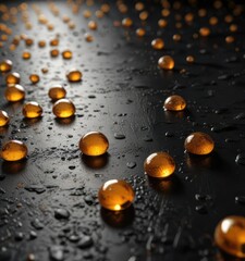 Amber droplets on a black surface, creating a sense of depth and layering, droplets, depth