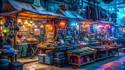 Obraz premium Cyberpunk Marketplace Stall with High-Tech Electronic Accessories. Perfect for: Cyberpunk theme, Marketplace, Futuristic city