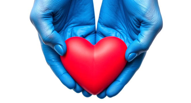Heart in Hands:  hands in a solid blue color protectively cradle a vibrant red heart, symbolizing care, compassion, and medical support