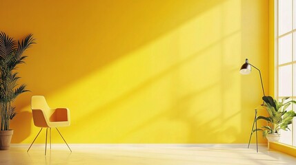 Sunlit Yellow Room: A vibrant yellow wall with a floor lamp and plants creates a cheerful and inviting atmosphere. Sunlight streams through the window, casting long shadows on the wall.