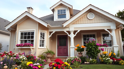 Fototapeta premium Charming Suburban House with Vibrant Garden and Landscaping. This picturesque home features a classic design, beautiful flowers, and a welcoming porch, perfect for family living.