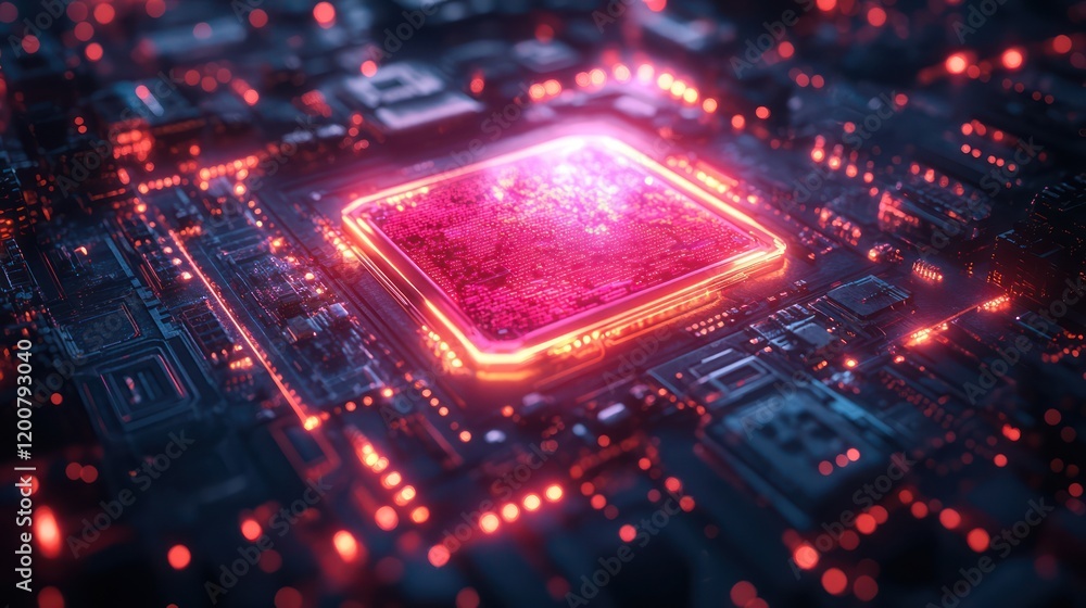 Poster glowing circuit board: a high-resolution macro image of a computer microprocessor with neon red and 