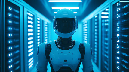 futuristic robotic ai in a neon lit data center corridor