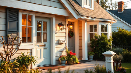 Fototapeta premium Charming House Exterior at Sunset: Dream Home, Real Estate, Residential Architecture