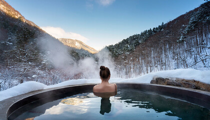 Obraz premium 雪が降り積もる冬の雪山の温泉の露天風呂 入浴して景色を眺める女性の後ろ姿 湯気を上げて白く濁る湯 旅行・観光・休息の背景