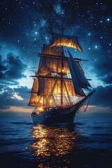 Fototapeta premium Sailing ship at night, starry sky, ocean reflection.