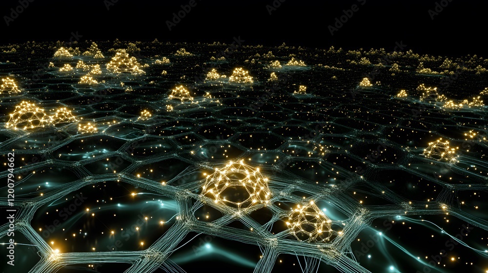 Poster illuminated network nodes across a dark hexagonal grid