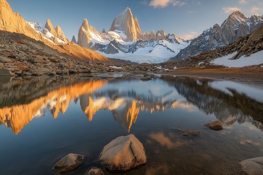 Sunrise, Fitz Roy reflection, Patagonia lake, mountains, travel poster