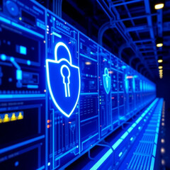 close up of lock and shield, data security technology background lock and keys