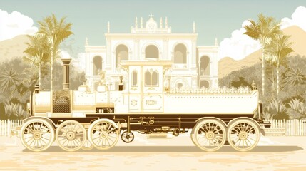 Elegant Steam Train and Tropical Mansion Scene