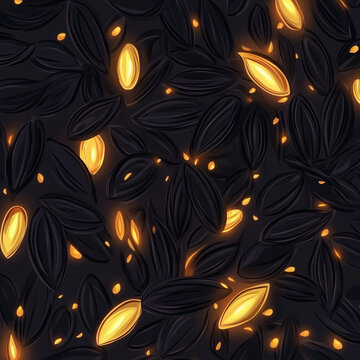 A vibrant flat vector of black cumin seeds with glowing golden accents