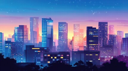 Fototapeta premium Cityscape at Dusk: A captivating illustration of a futuristic city skyline at dusk, with vibrant hues painting the sky and buildings glowing with warm and cool lights. 