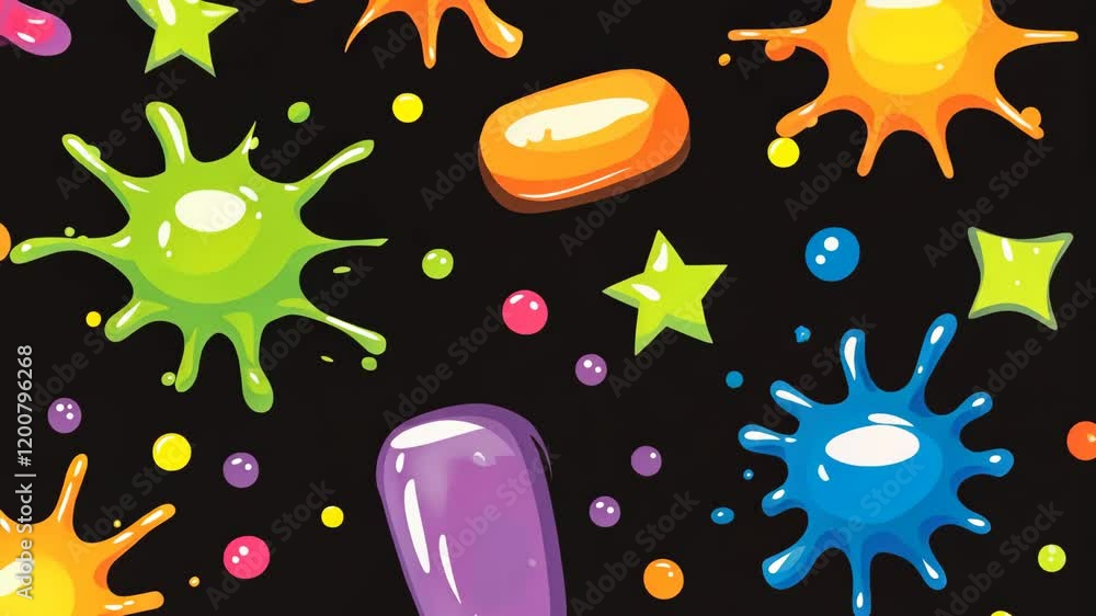 Poster colorful splashes and shapes create a vibrant pattern on a black background showcasing playful desig