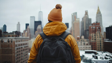 person in yellow jacket and orange beanie stands on rooftop, overlooking city skyline